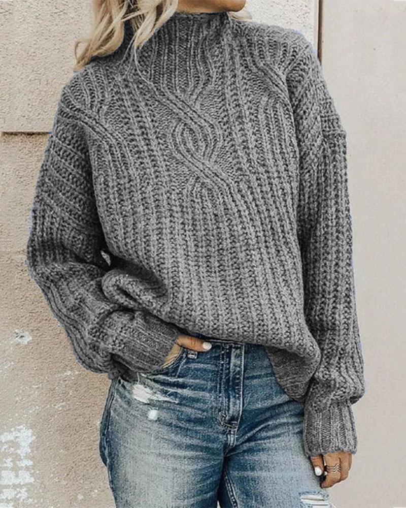 

Long Sleeve Chunky Cable Knit High Neck Sweater, Gray
