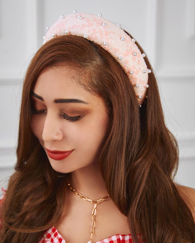 

Headbands With Pearls Wide Headband Colorblock Pearl Hairband, Pink