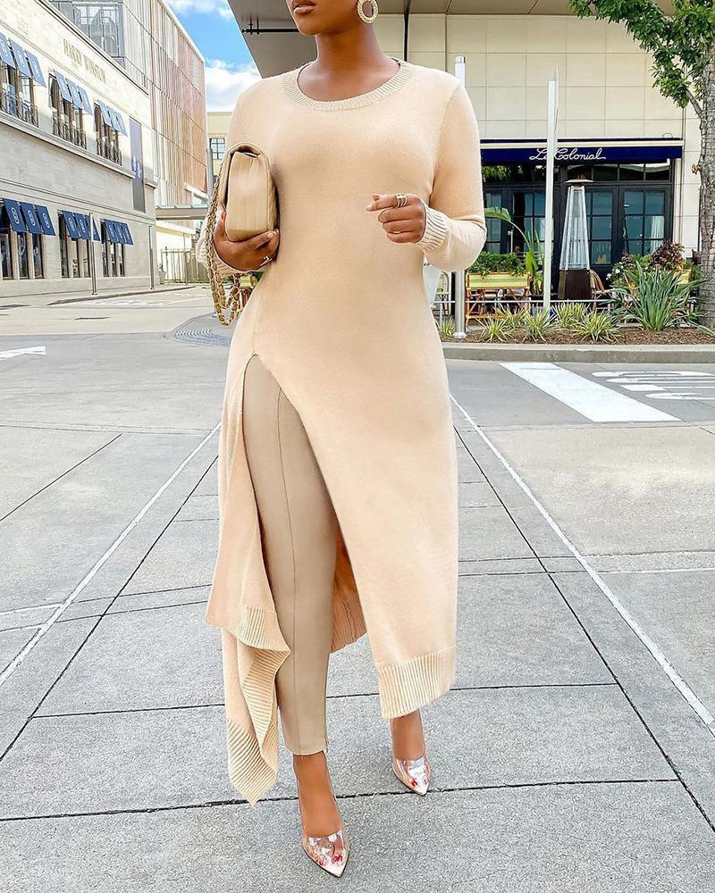 

Ribbed High Slit Plain Sweatshirt, Nude