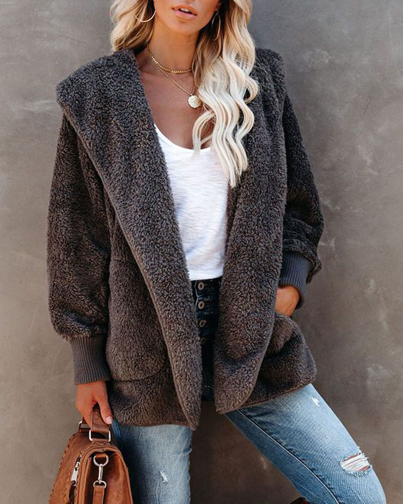 

Long Sleeve Pocket Detail Hooded Teddy Coat, Gray