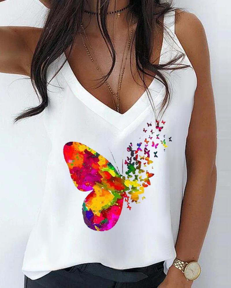 

Butterfly Print V-Neck Casual Tank Top, White