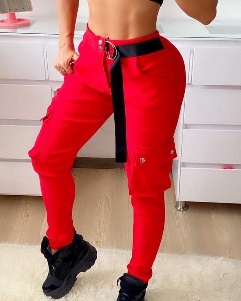 

O-Ring Tape Solid Pocket Design Cargo Pants, Red
