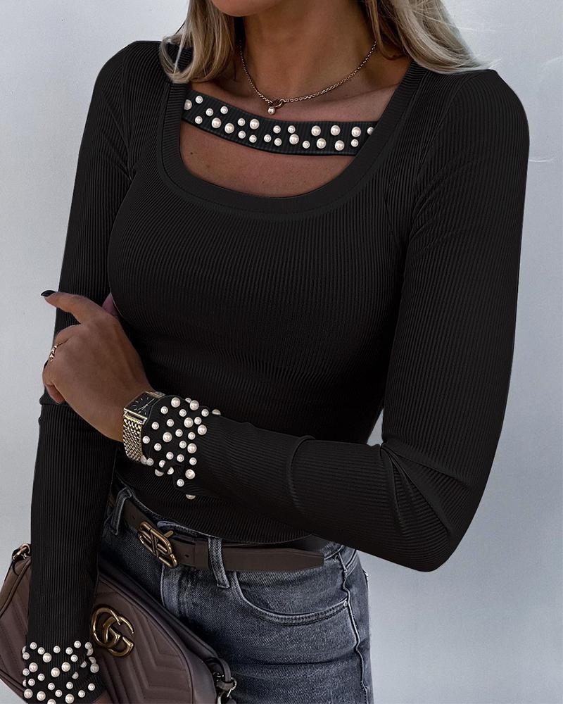 

Beaded Cutout Long Sleeve Ribbed Top, Black