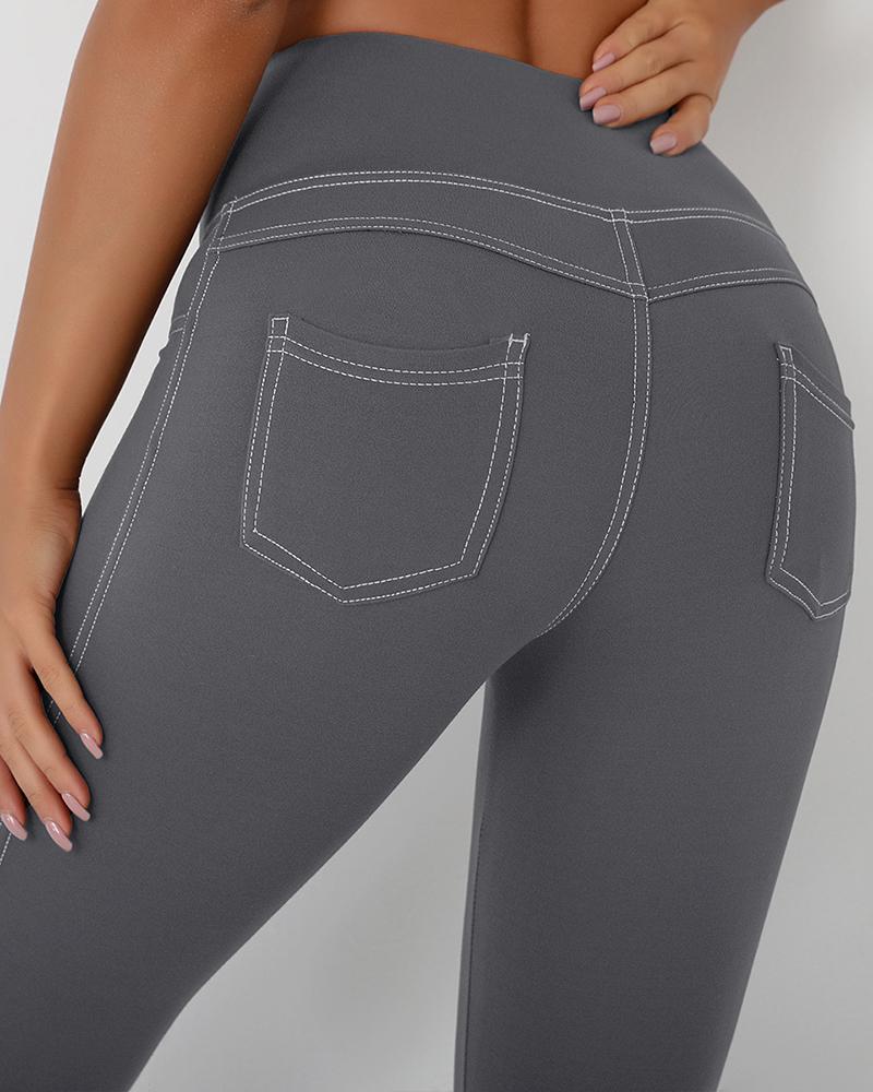 

Pocket Design High Waist Denim Print Active Pants, Gray