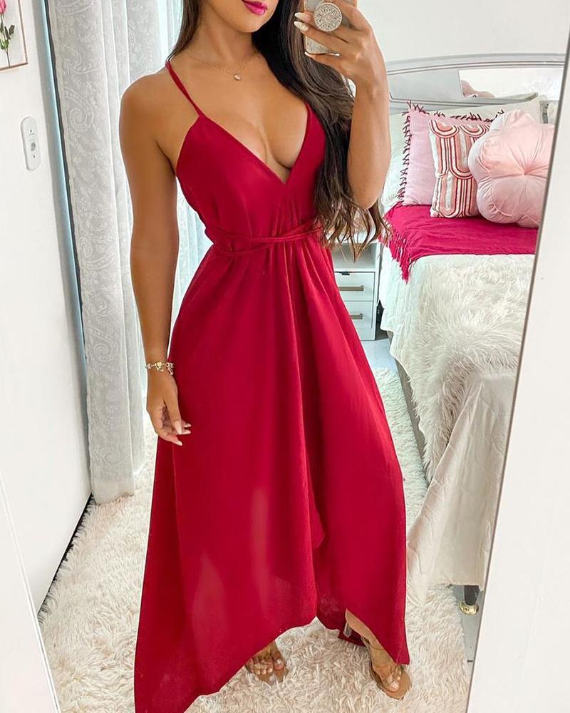 

Crisscross Backless Spaghetti Strap Maxi Dress, Wine red