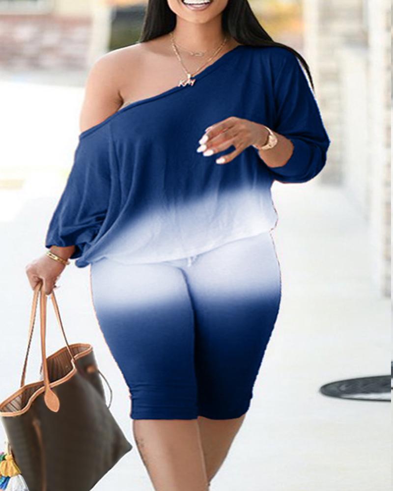 Ensemble Haut Imprimé Ombre et Pantalon Capris de Grande Taille