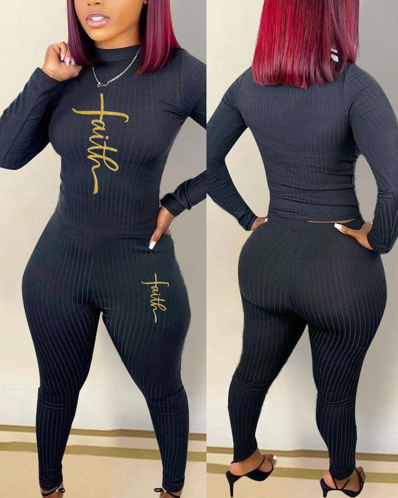

Letter Print Ribbed Long Sleeve Top & Pants Set, Black