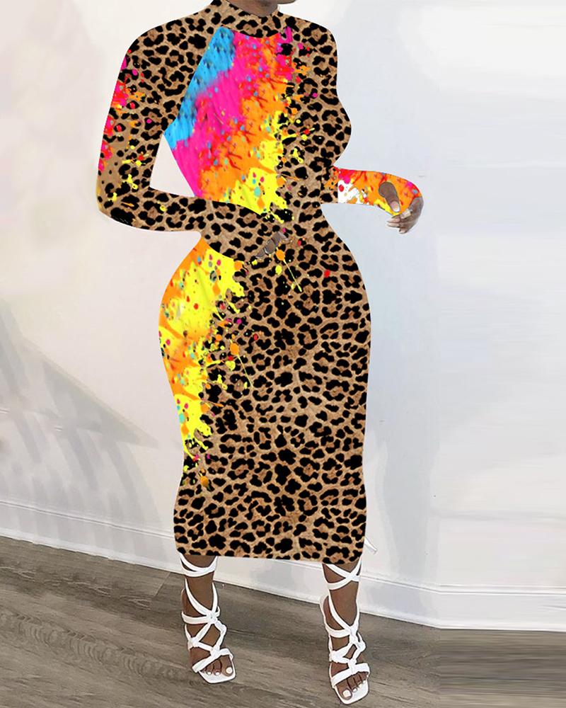 

Cheetah Doodle Print Colorblock Long Sleeve Dress, Leopard