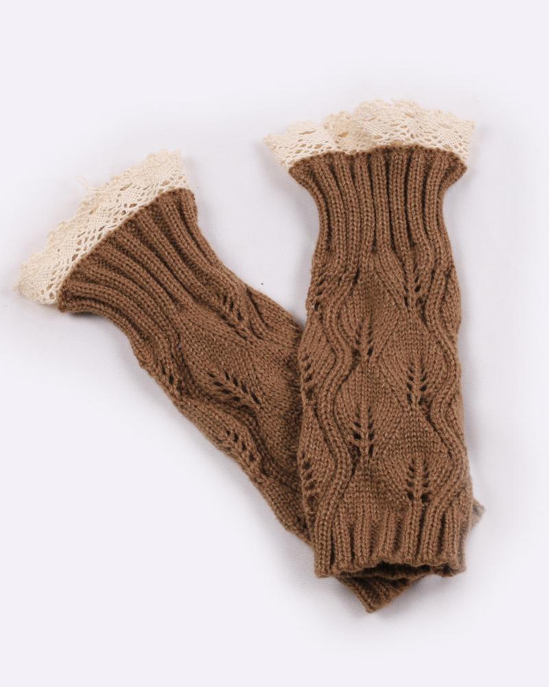 

1Pair Contrast Lace Knit Fingerless Gloves, Brown
