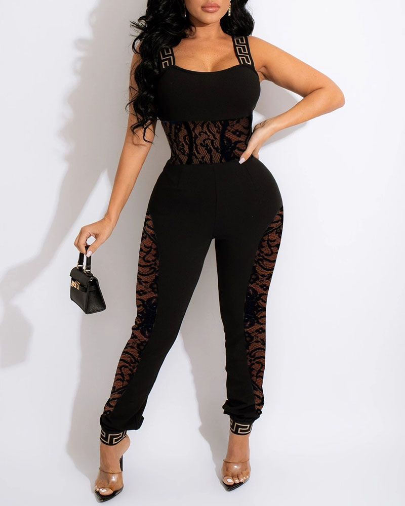 

Geo Trim Contrast Lace Jumpsuit, Black