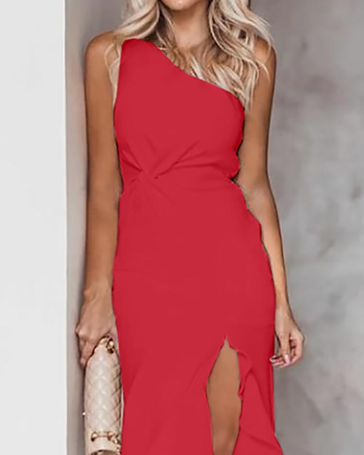 

One Shoulder Twisted Ruffles Slit Evening Dress, Red