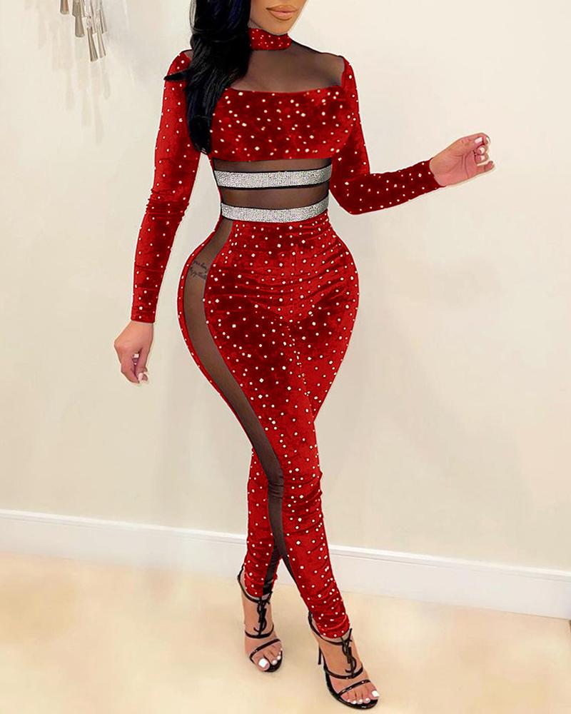 

Velvet Rhinestone Decor Sheer Mesh Jumpsuit, Red
