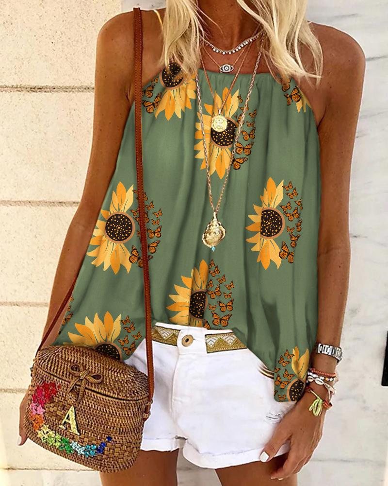 

Sunflower Butterfly Print Flowy Cami Top, Green