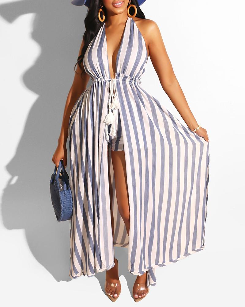 

Striped Print V Neck Top and Shorts Sets, Blue