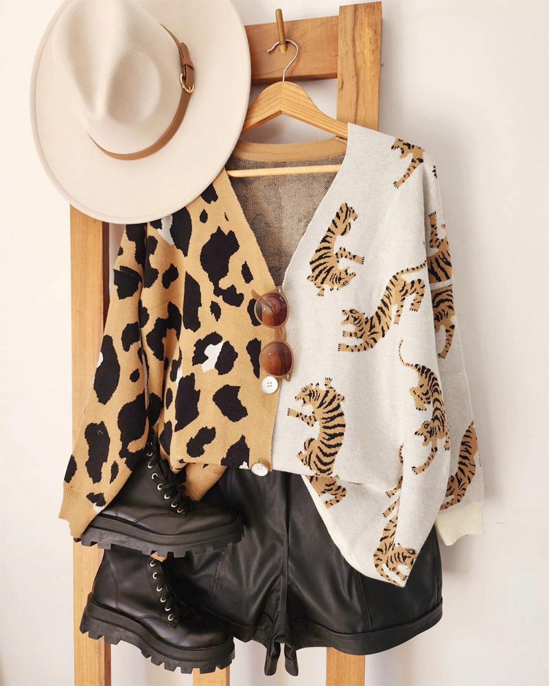 

Colorblock Leopard Tiger Pattern Knit Cardigan V-Neck Button Down Sweater