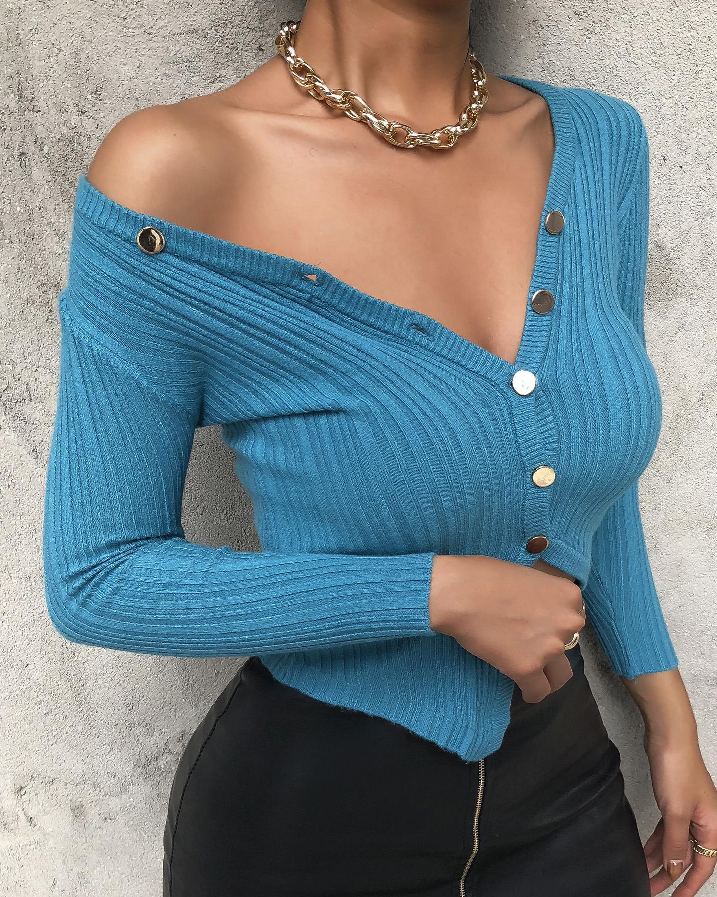 

Plain Button Design Long Sleeve Knit Cardigan, Blue