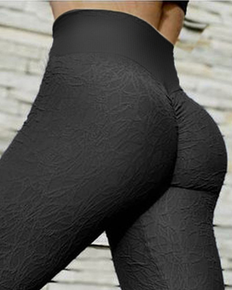 

Wide Waistband Textured Sports Yoga Pants, Black