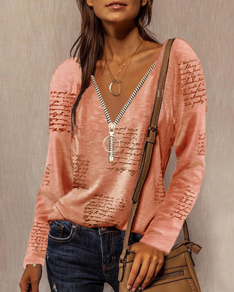 

Letter Print Zipper V-Neck Long Sleeve Top, Orange