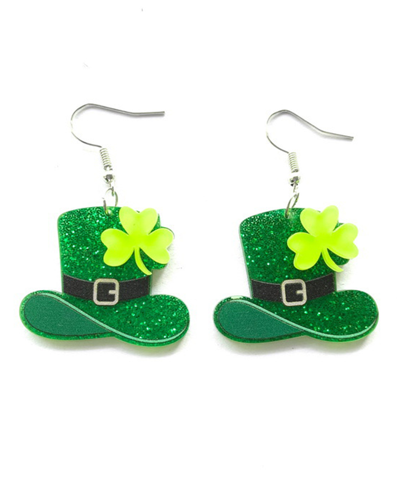 

1Pair St. Patrick's Day Glitter Clover Magic Hat Shaped Drop Earrings, Green