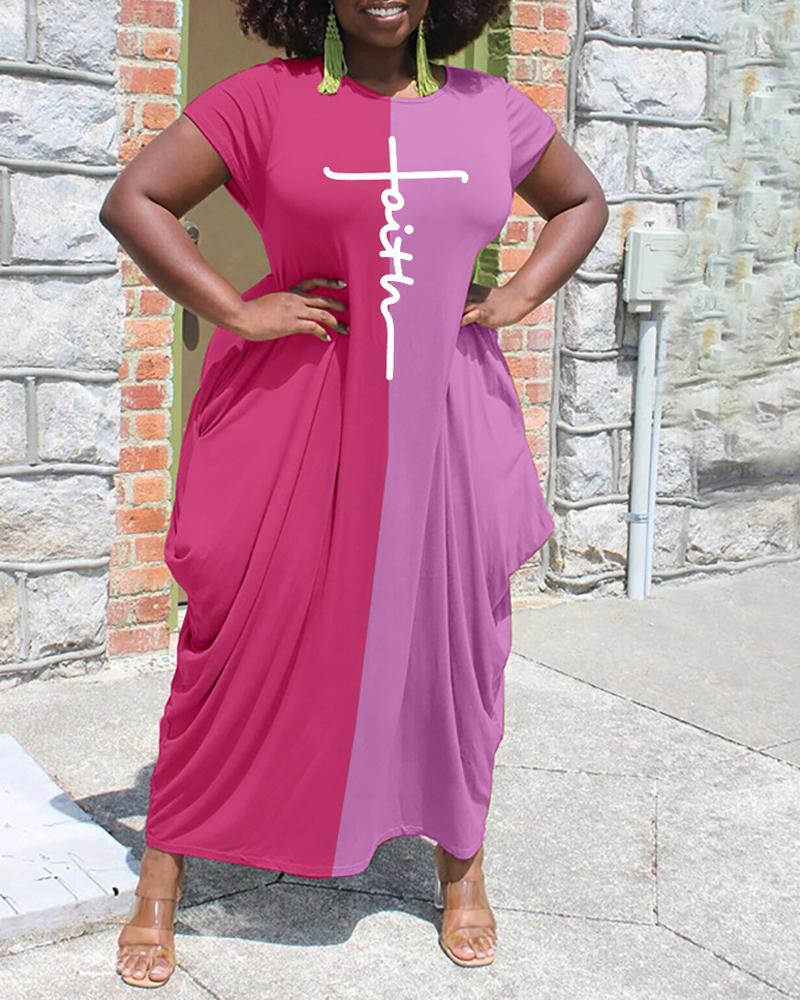 

Letter Print Colorblock Draped Casual Dress, Hot pink