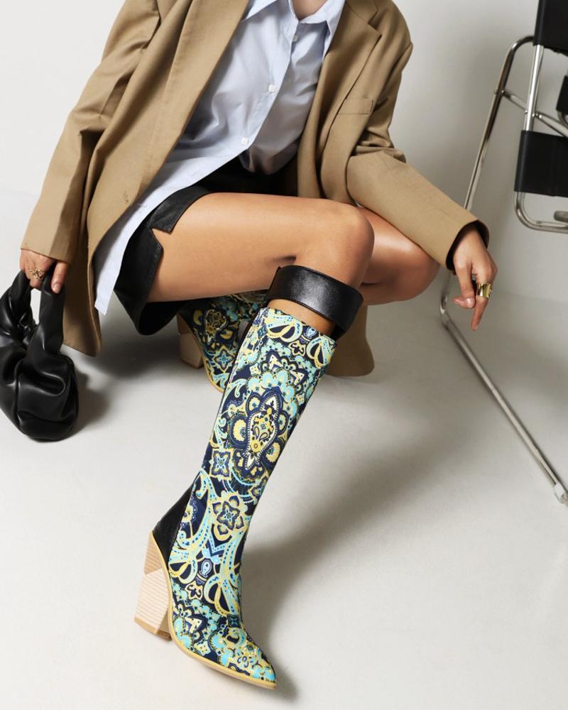 

Womens Vintage Patchwork Cut-out Point Toe Long Boots, Multicolor