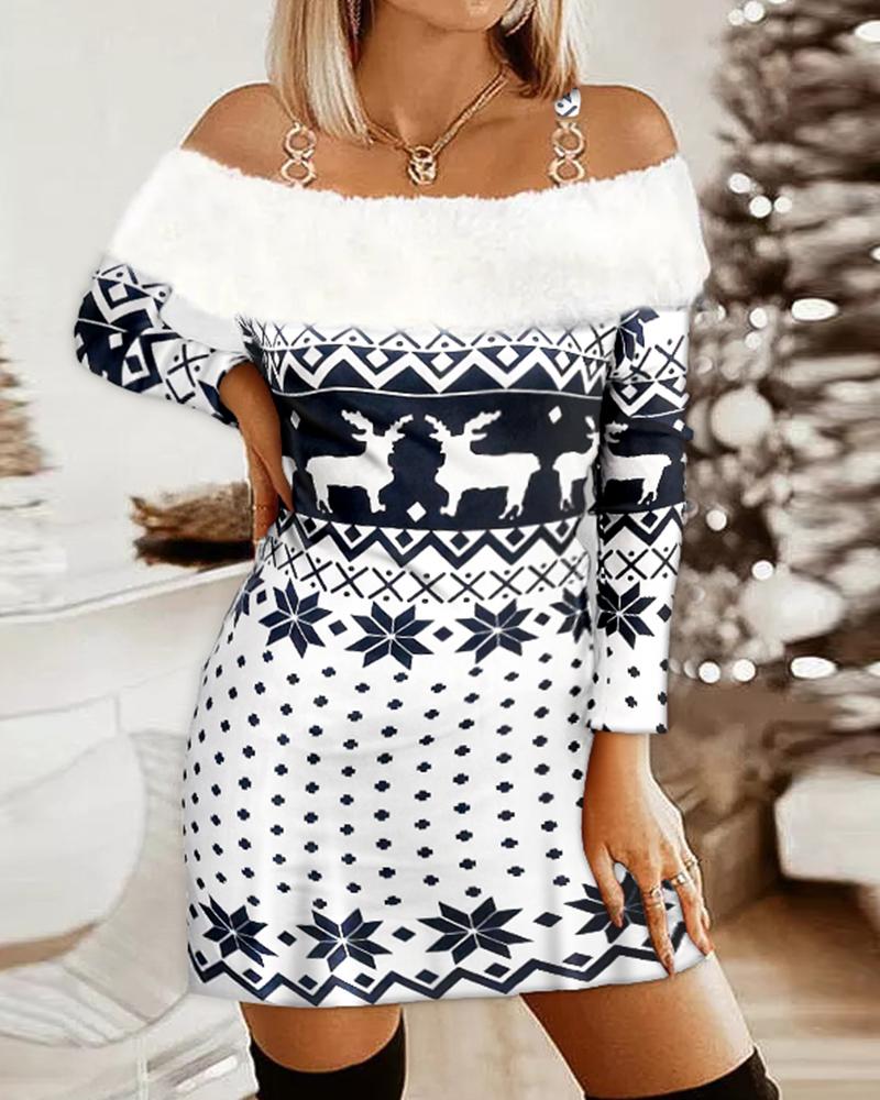 

Christmas Snowflake Print Fuzzy Trim Cold Shoulder Dress, Blue