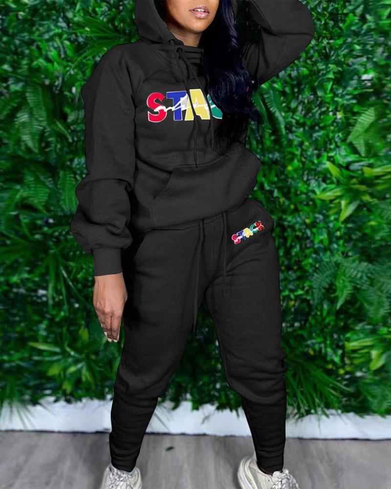 

Plus Size Letter Print Long Sleeve Hoodie & Pants Set, Black
