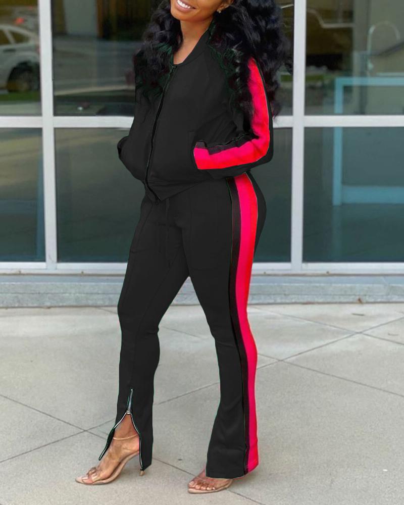 

Striped Zipper Design Coat & Slit Pants Set, Black