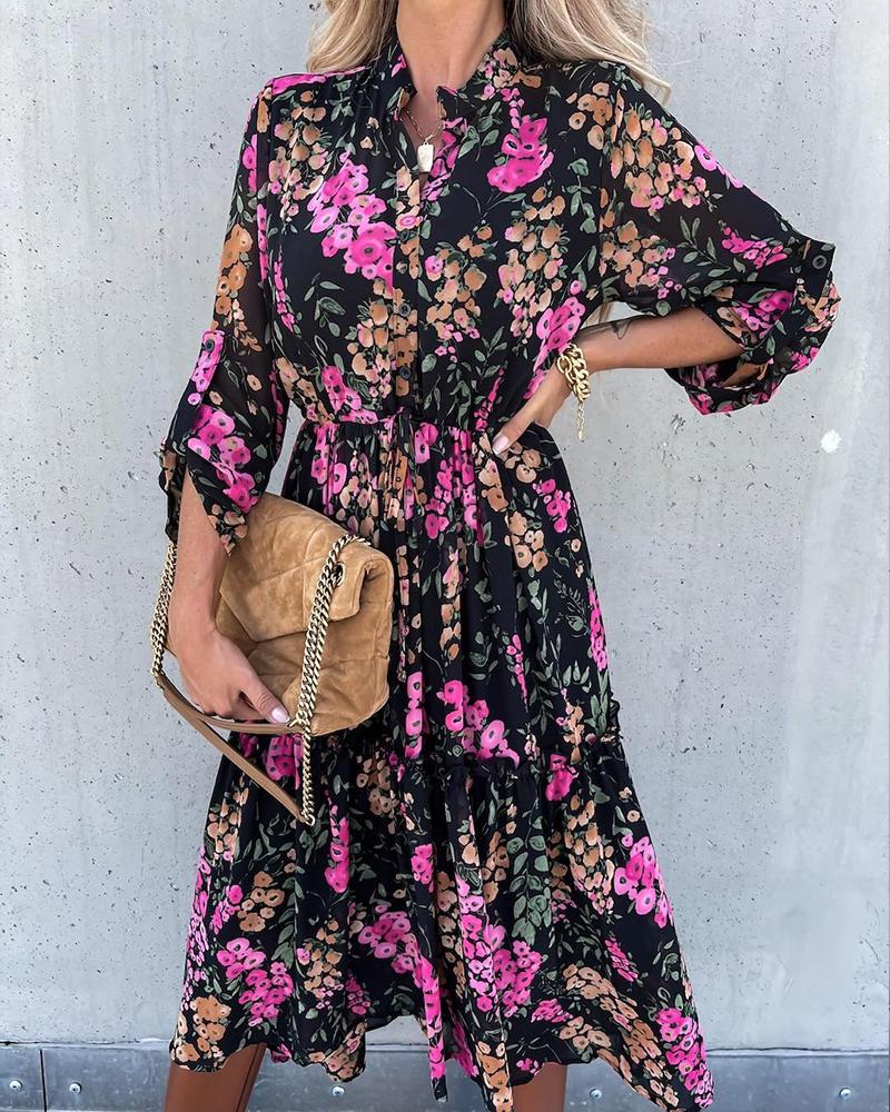 

Floral Print Button Pleated Shirt Dress, Black