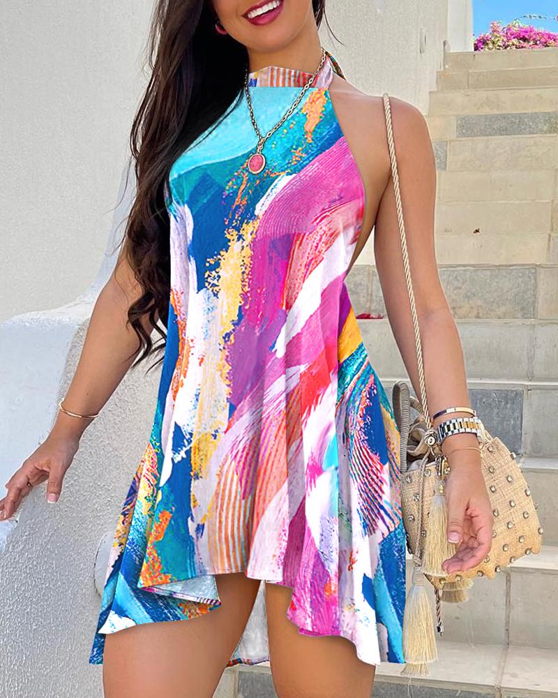 

Abstract Print Halter Backless Casual Dress, Multicolor