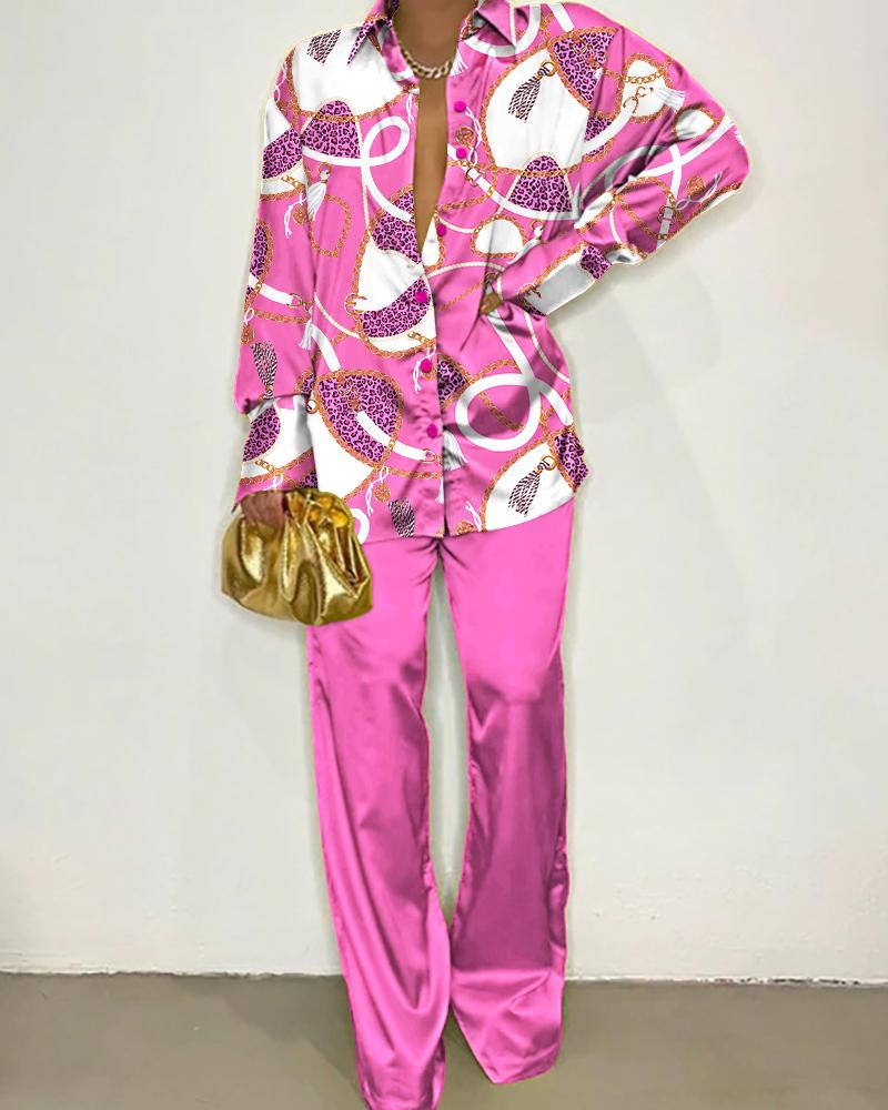 

Scarf Chain Print Long Sleeve Button Down Shirt & Pants Set, Hot pink