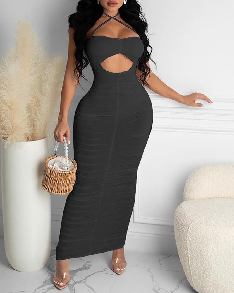 

Halter Cutout Front Ruched Ribbed Maxi Dress, Black