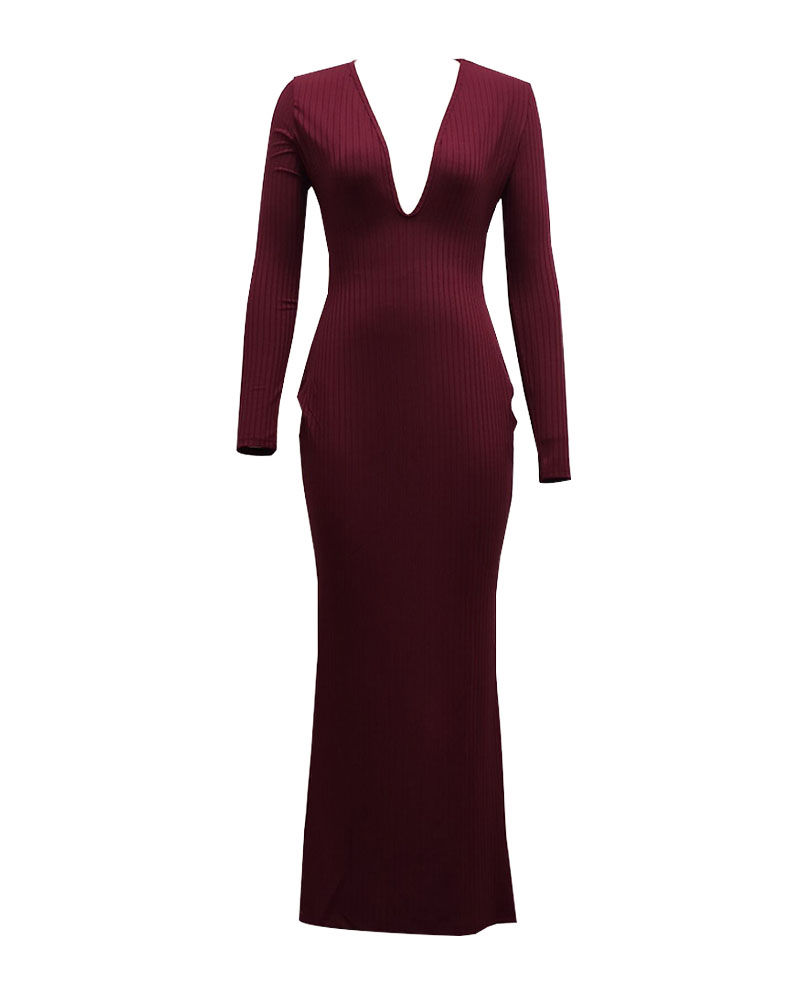 

Long Sleeve Deep V-Neck Ribbed Bodycon Dress, Wine red