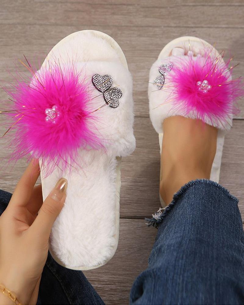 

Feather Detail Pearls Heart Pattern Fuzzy Slippers, Hot pink