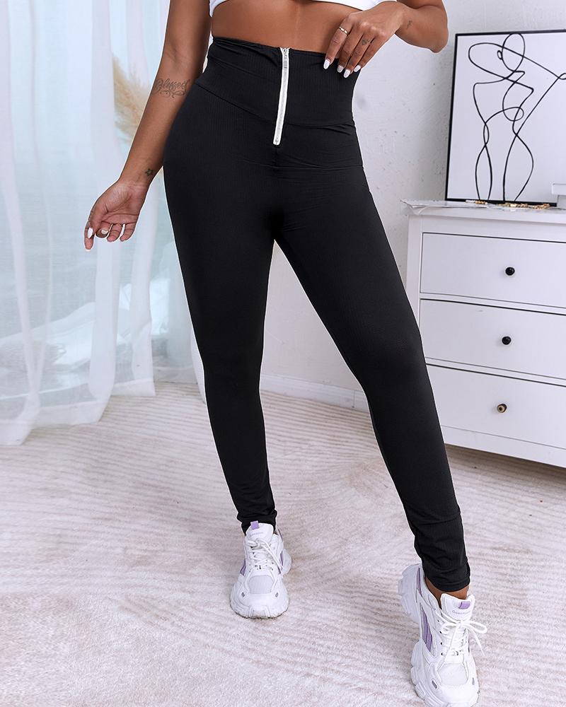 

Zipper Design High Waist Seamless Butt Lifting Leggings, Black