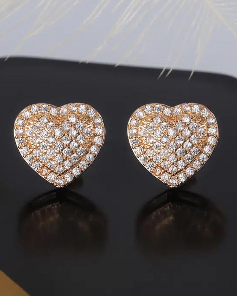 

1Pair Heart Shaped Rhinestone Earrings, Gold