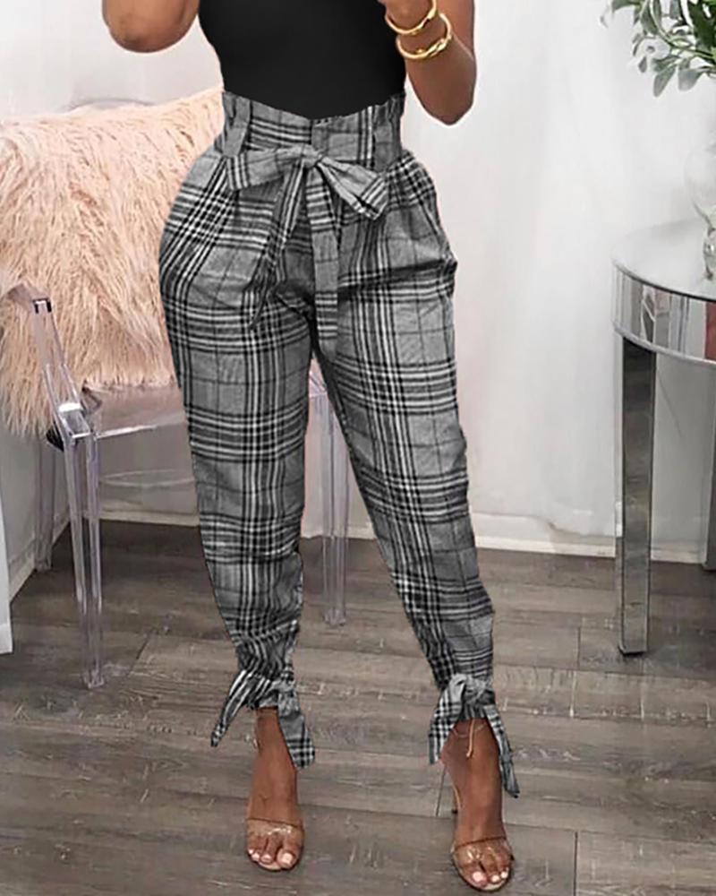 

High Waist Grid Tied Detail Casual Pants, Gray