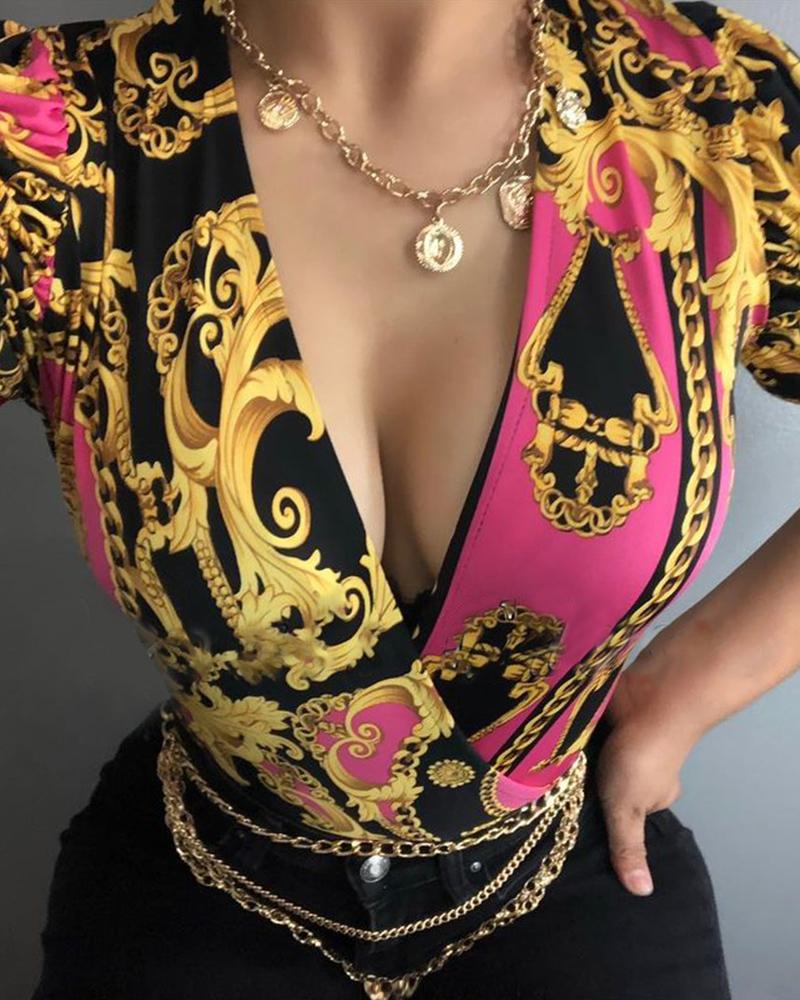 

Scarf Chain Print Short Sleeve Skinny Bodysuit, Multicolor