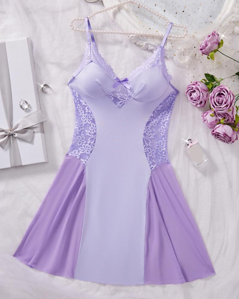 

Contrast Lace V Neck Sleeveless Babydoll Sexy See Through Christmas Lingerie Set, Purple