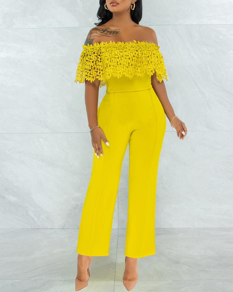 

Guipure Lace Patch Off Shoulder Jumpsuit, Yellow
