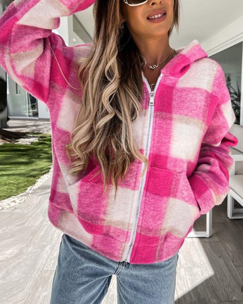 

Plaid Print Zipper Design Hooded Coat, Hot pink