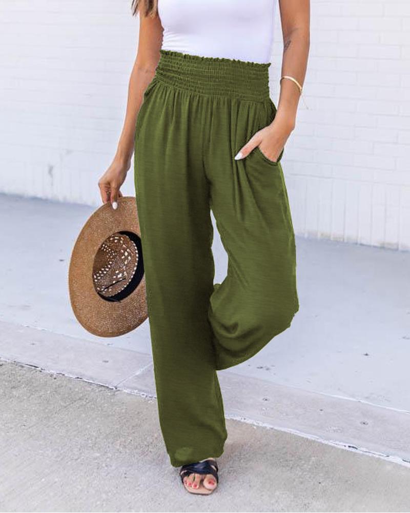 

Shirred High Waist Wide Leg Pants, Green