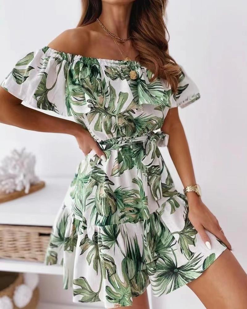 

Tropical Print Off Shoulder Ruffle Hem Casual Dress, Army green