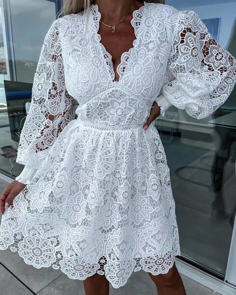 

Hollow Out Lantern Sleeve Shirred Lace Dress, White