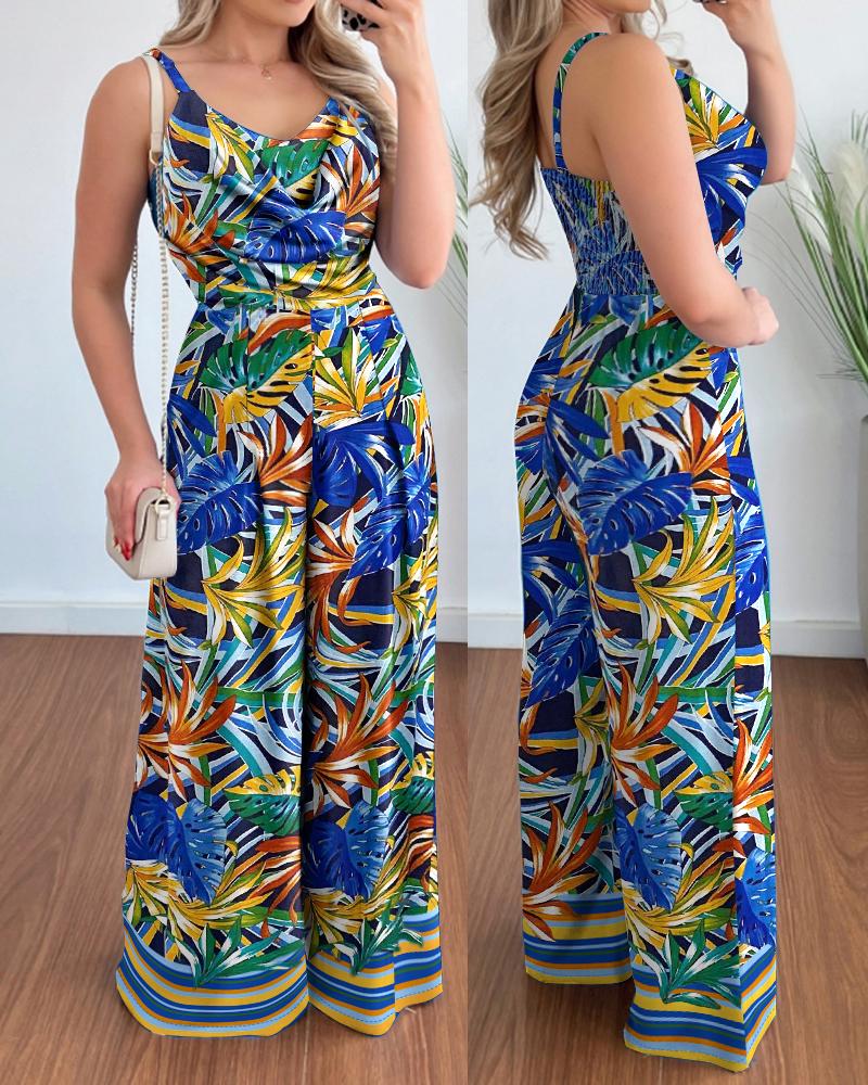 

Tropical Print Shirred Wide Leg Jumpsuit, Multicolor