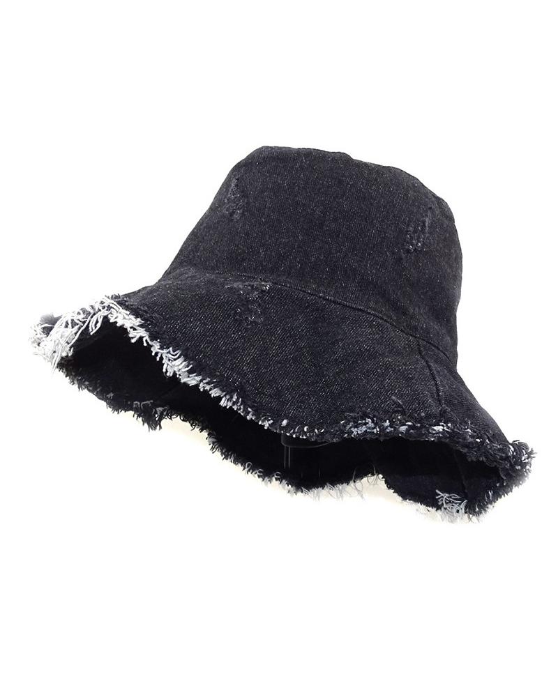 

Ripped Raw Hem Denim Bucket Hat, Black