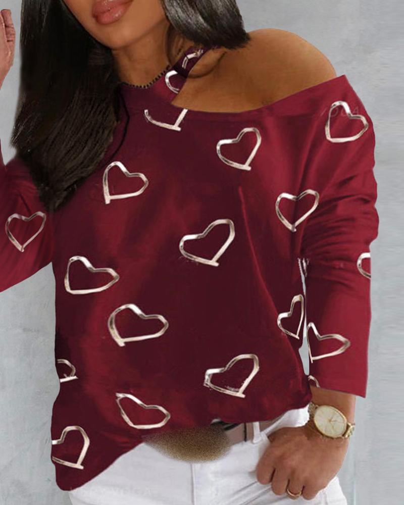

Plus Size Heart Print Cold Shoulder Top, Wine red