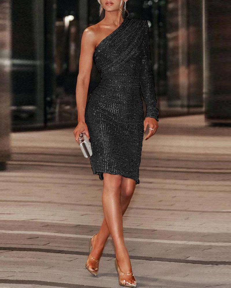 

One Shoulder Long Sleeve Allover Sequins Dress, Black