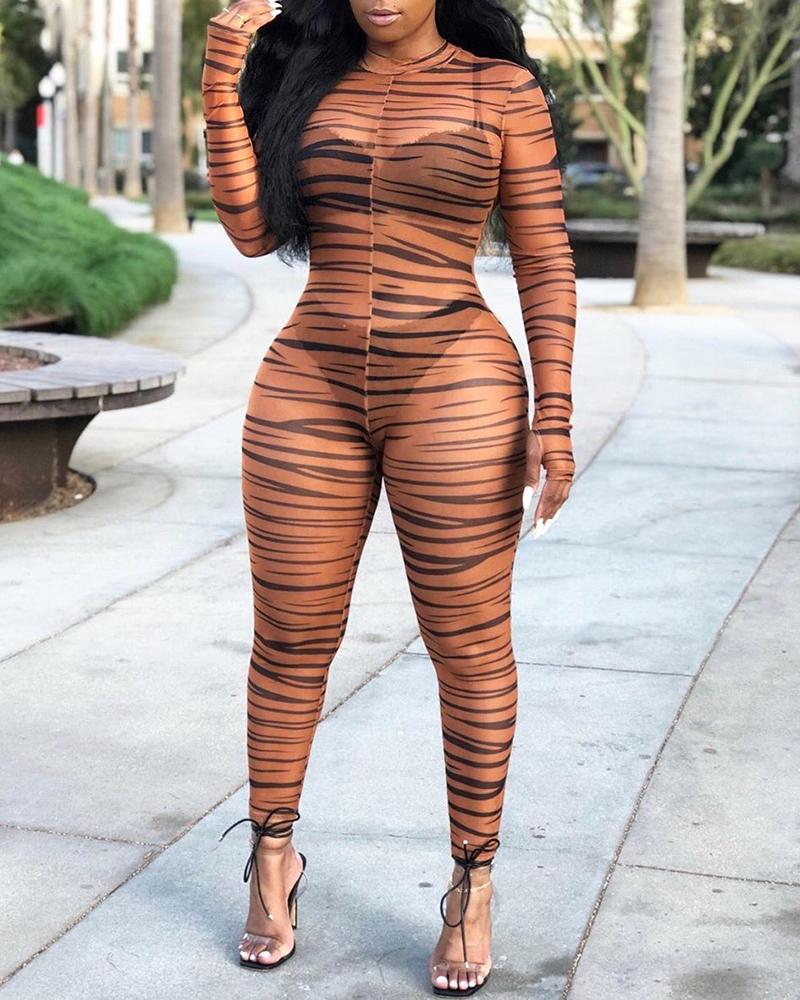

Mock Neck Zebra Print Sheer Mesh Jumpsuit, Brown