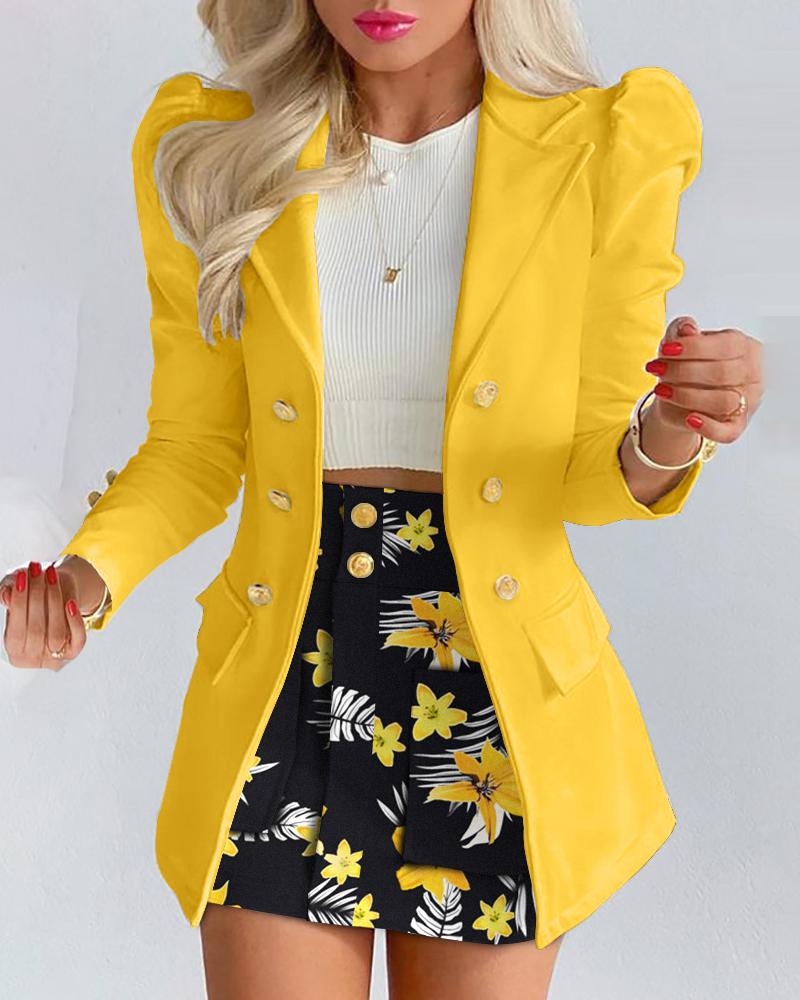 

Puff Sleeve Double Breasted Blazer & Tropical Print Skirt Set, Yellow